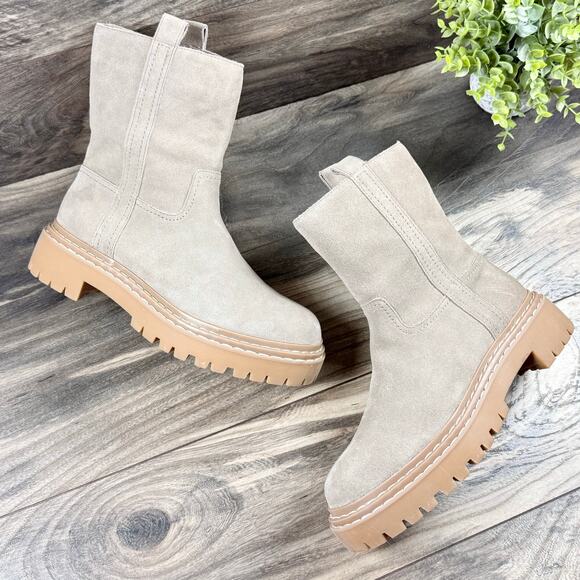 NEW Splendid Adria 7M Suede Taupe Lug Sole Mid Calf Boots Booties - Picture 1 of 11